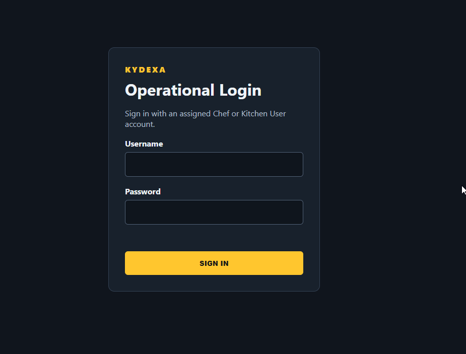 KYDEXA operational login screen
